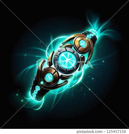 Glowing futuristic bracelet with intricate designs radiating light in a dark background, showcasing high-tech elements and dynamic energy patterns for a sci-fi aesthetic. 125457158