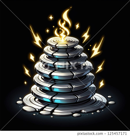 Bright glowing stone stack radiating energy with lightning bolts around it on a dark background, creating a mystical and powerful atmosphere perfect for fantasy themes. 125457171