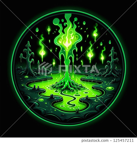 Glowing green mystical forest scene with alien-like trees, bioluminescent plants, and an erupting fountain radiating ethereal light under a starry night sky. 125457211