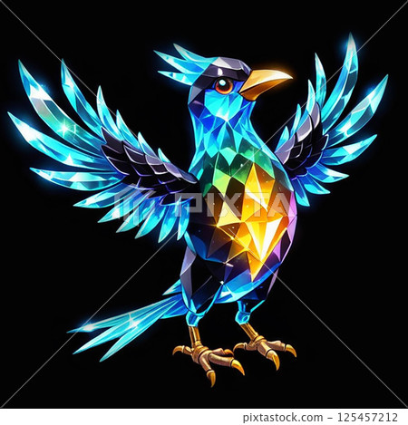 Radiant crystal bird with multicolored facets displaying vibrant blues, greens, and oranges, perched with wings outstretched against a dark background. 125457212