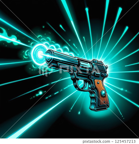 Vibrant electric blue glowing handgun with burst effects radiating from the muzzle, showcasing an action-oriented design, emphasizing modern aesthetics, and highlighting artistic details. 125457213