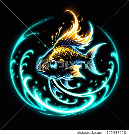 Glowing fish swimming in swirling blue water against a dark background, vibrant colors illuminating its scales and creating a dynamic aquatic scene with energy and movement. 125457258
