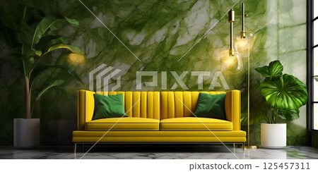 Luxurious and Minimalist Living Room Interior with Sofa and Other Furniture with Nature Concept Dominated by Green and Gold Colors 125457311