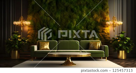 Luxurious and Minimalist Living Room Interior with Sofa and Other Furniture with Nature Concept Dominated by Green and Gold Colors Luxurious and Minimalist Living Room Interior with Sofa and Other Furniture with Nature Concept Dominated by Green and Gold Colors 125457313