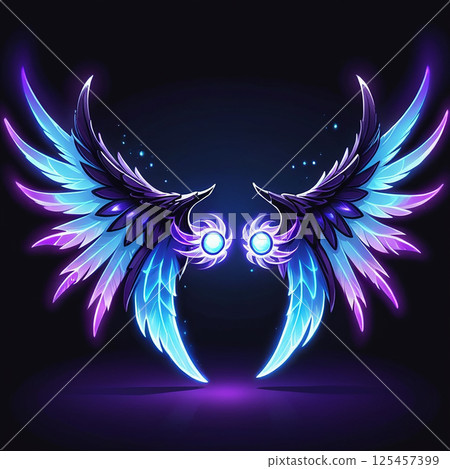 Bright and colorful angelic wings glowing in vibrant hues of blue and purple, with detailed feather designs and ethereal sparkles in a dark background illuminated by soft light. 125457399