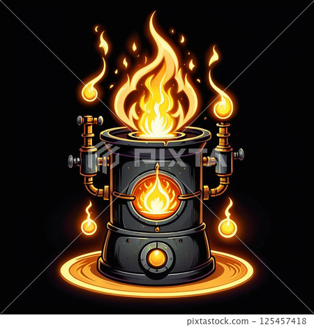 Fired-up antique stove with swirling flames, glowing embers, and a shiny black surface, radiating warmth in a dark setting, giving an old-fashioned but lively feel. 125457418