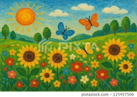 景觀與向日葵田、藍天和雲彩 125457506