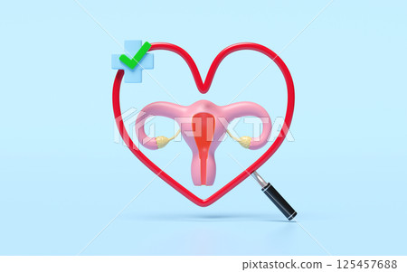 3d heart shaped magnifying glass with uterus model, cross, check mark isolated on blue background. check uterus health, medicare concept, 3d illustration render 125457688