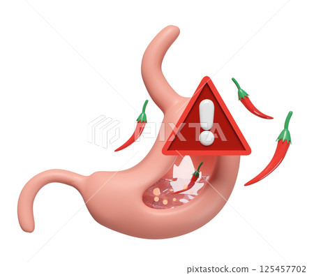 3d human stomach with exclamation mark, pepper, stomach acid, gas isolated. gastric disease concept, 3d illustration render 3d human stomach with exclamation mark, pepper, stomach acid, gas isolated. gastric disease concept, 3d illustration render 125457702