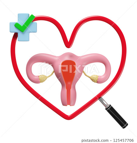 3d heart shaped magnifying glass with uterus model, cross, check mark isolated. check uterus health, medicare concept, 3d illustration render 125457706