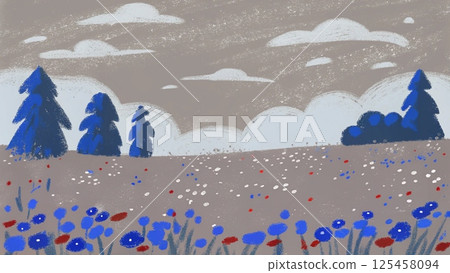 Blank meadow flower landscape scene with many trees background  125458094