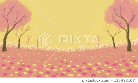 Blank meadow flower landscape scene with many trees background  125458107