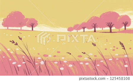 Blank meadow flower landscape scene with many trees background  125458108