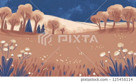 Blank meadow flower landscape scene with many trees background  125458114