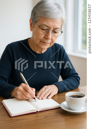 老年婦女的手在咖啡館和咖啡的筆記本上寫字 老年婦女的手在咖啡館和咖啡的筆記本上寫字 125458637