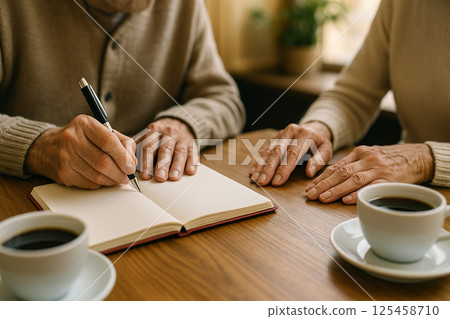 一對老年夫婦的手和咖啡坐在咖啡館的筆記本旁 一對老年夫婦的手和咖啡坐在咖啡館的筆記本旁 125458710