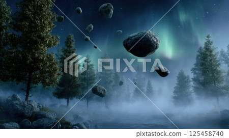 A forest with a sky full of rocks and a few trees 125458740