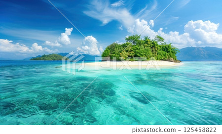 A beautiful island with a small beach and a palm tree A beautiful island with a small beach and a palm tree 125458822
