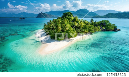 A beautiful island with a small beach and a palm tree 125458823