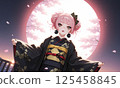 A woman illuminated by cherry blossoms on a full moon night 125458845