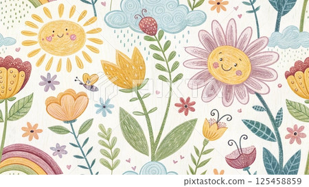 Doodle flowers for kids with crayon background  125458859