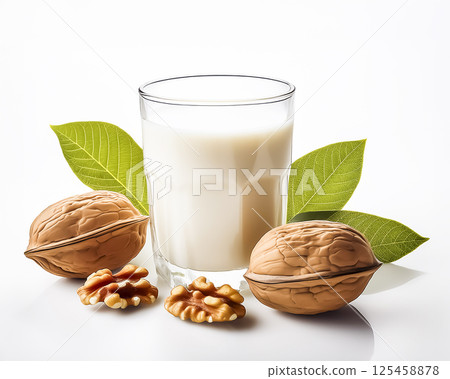 玻璃杯中的核桃奶和核桃的圖片 125458878