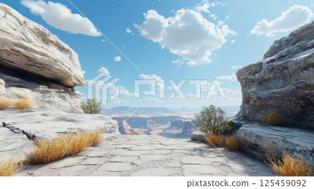A desert landscape with a mountain in the background 125459092