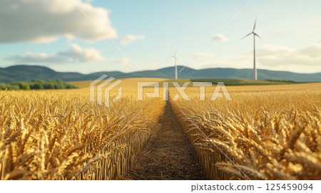 A field of golden wheat with two wind turbines in the background A field of golden wheat with two wind turbines in the background 125459094
