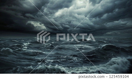 A stormy ocean with large waves crashing against the shore A stormy ocean with large waves crashing against the shore 125459104