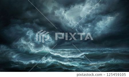 A stormy ocean with large waves crashing against the shore A stormy ocean with large waves crashing against the shore 125459105