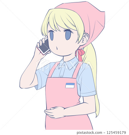 Blonde female store clerk making a phone call on her smartphone - ringing 125459179