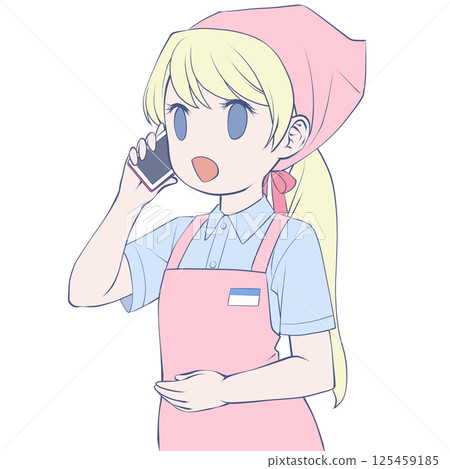 金髮女店員用智慧型手機打電話,面帶微笑 金髮女店員用智慧型手機打電話,面帶微笑 125459185
