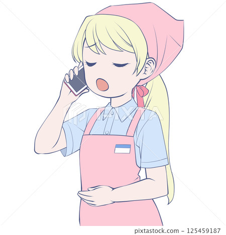 金髮女店員用智慧型手機打電話 — — 驚訝不已 金髮女店員用智慧型手機打電話 — — 驚訝不已 125459187