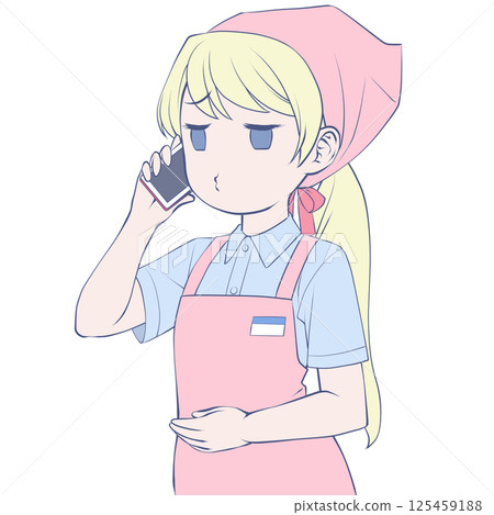 金髮女店員用智慧型手機打電話,生悶氣 金髮女店員用智慧型手機打電話,生悶氣 125459188