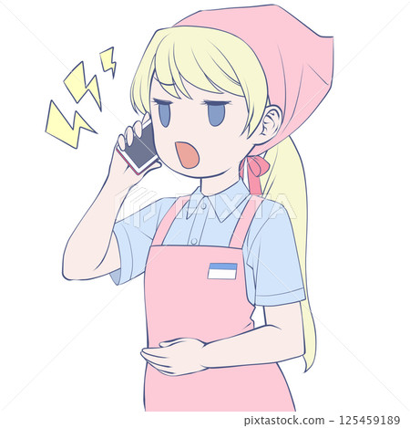 Blonde female store clerk making a phone call on her smartphone - angry Blonde female store clerk making a phone call on her smartphone - angry 125459189