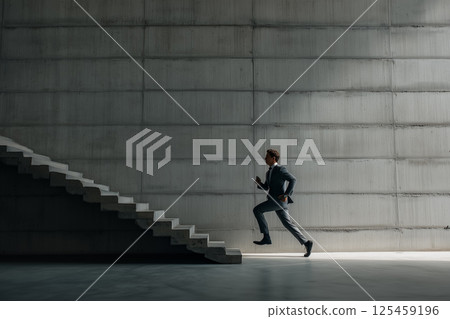 Businessman running up the stairs in modern architectural space, concept of ambition and growth 125459196