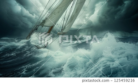 A large sailboat is being tossed around in a stormy sea 125459216