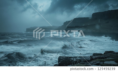 A stormy ocean with waves crashing against the shore A stormy ocean with waves crashing against the shore 125459239
