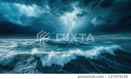 A stormy ocean with a lightning bolt in the sky 125459298