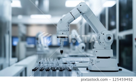 A robot is in a lab with many bottles and a computer 125459492
