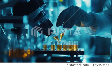A scientist is pouring liquid into a row of test tubes 125459534