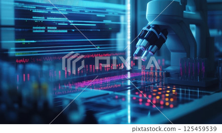 A computer monitor displays a colorful image of a microscope A computer monitor displays a colorful image of a microscope 125459539