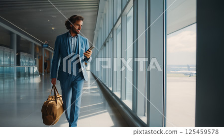 Modern airport scene, businessman in blue suit 125459578