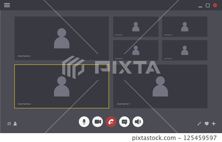 Videocall Interface. Online video chat template with user icon. Virtual meeting screen. Web conference app layout. Flat Vector illustration Videocall Interface. Online video chat template with user icon. Virtual meeting screen. Web conference app layout. Flat Vector illustration 125459597
