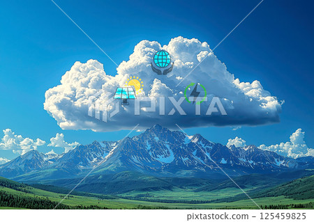 A landscape that coexists with nature, with a symbol of renewable energy depicted in the clouds A landscape that coexists with nature, with a symbol of renewable energy depicted in the clouds 125459825