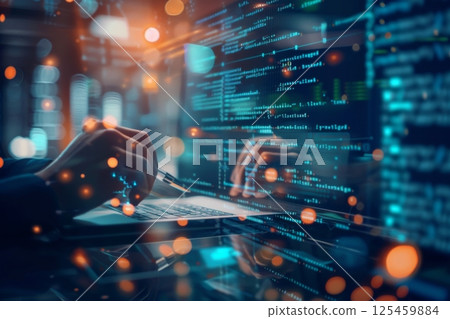 Programmer Coding on Laptop with Digital Interface 125459884