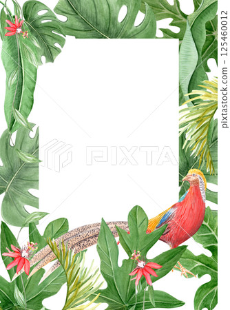 Golden pheasant standing among papaya leaves vertical watercolor frame on white background. Hand drawn illustration, rainforest nature isolated clip art, sketch style. Exotic paradise bird plants card Golden pheasant standing among papaya leaves vertical watercolor frame on white background. Hand drawn illustration, rainforest nature isolated clip art, sketch style. Exotic paradise bird plants card 125460012