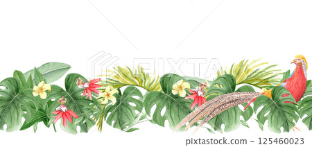 Golden pheasant, passion flower, tropical foliage watercolor seamless border isolated on white. Hand drawn design element perfect for cards, banners, tape, textile, stationary design. Plant clipart 125460023