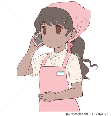 A dark-skinned female store clerk making a phone call on her smartphone - ringing A dark-skinned female store clerk making a phone call on her smartphone - ringing 125460176