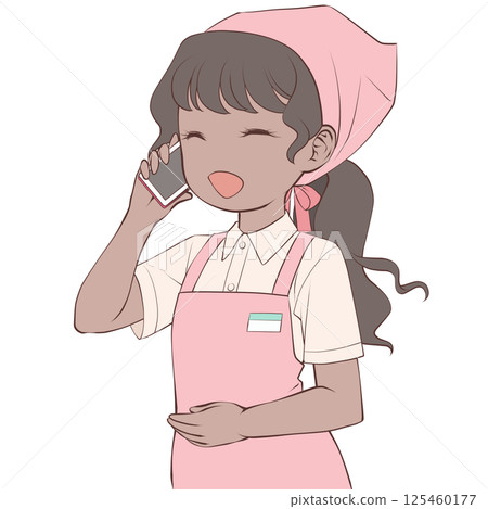 A dark-skinned female store clerk making a phone call on her smartphone, smiling 125460177